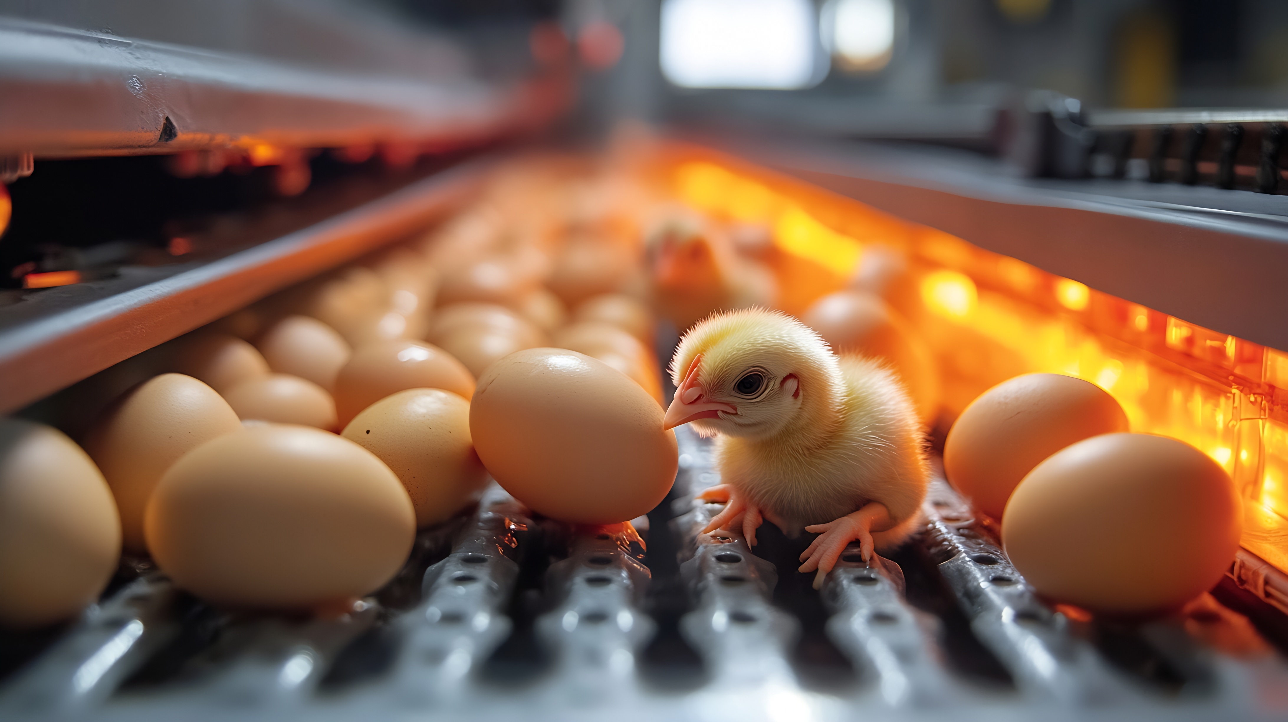 Pintinho recém-nascido ao lado de ovos em incubadora automática com iluminação laranja e controle de temperatura, representando alta taxa de eclosão